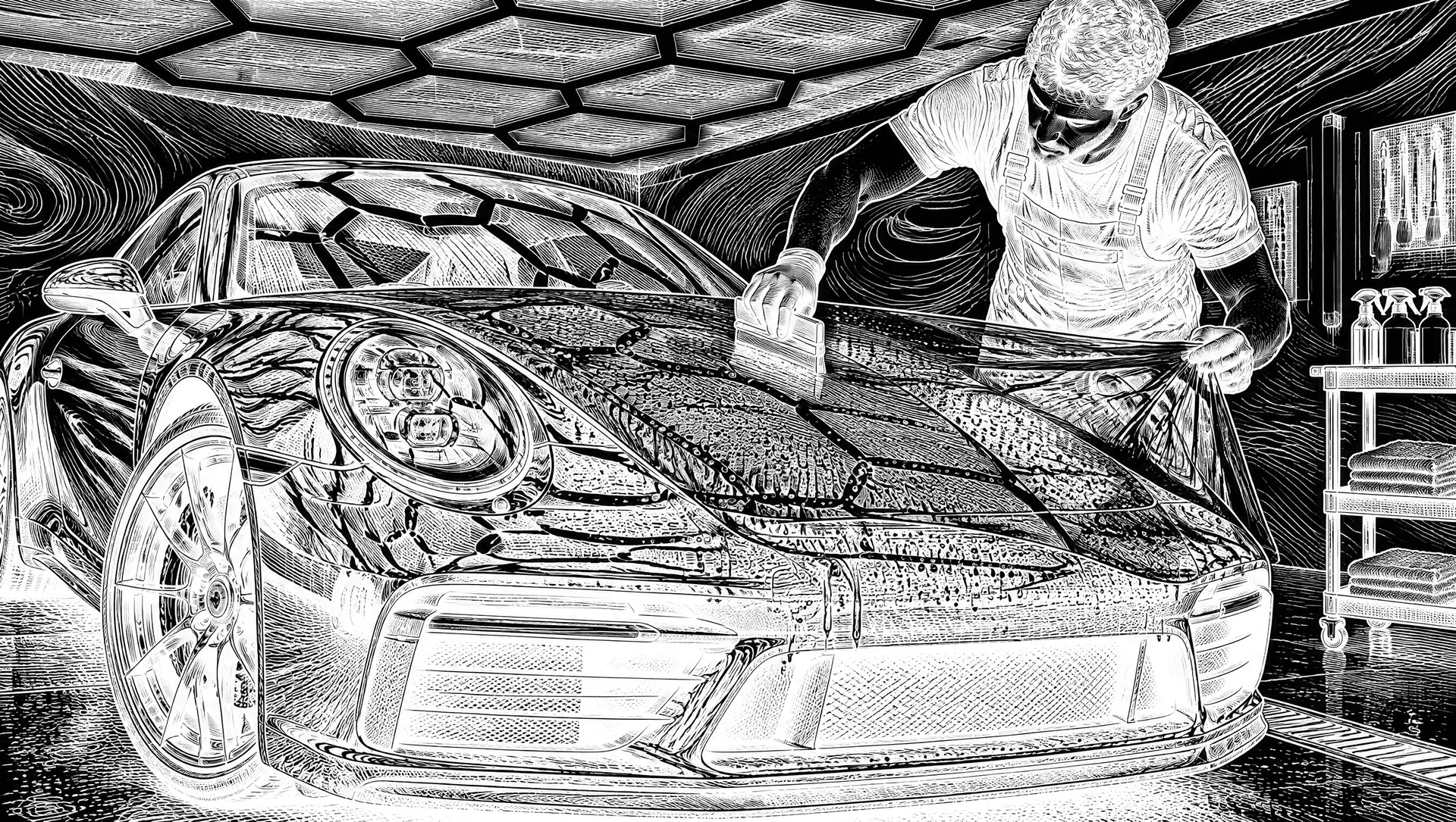 Ink engraving of a technician applying protection film to a sports car