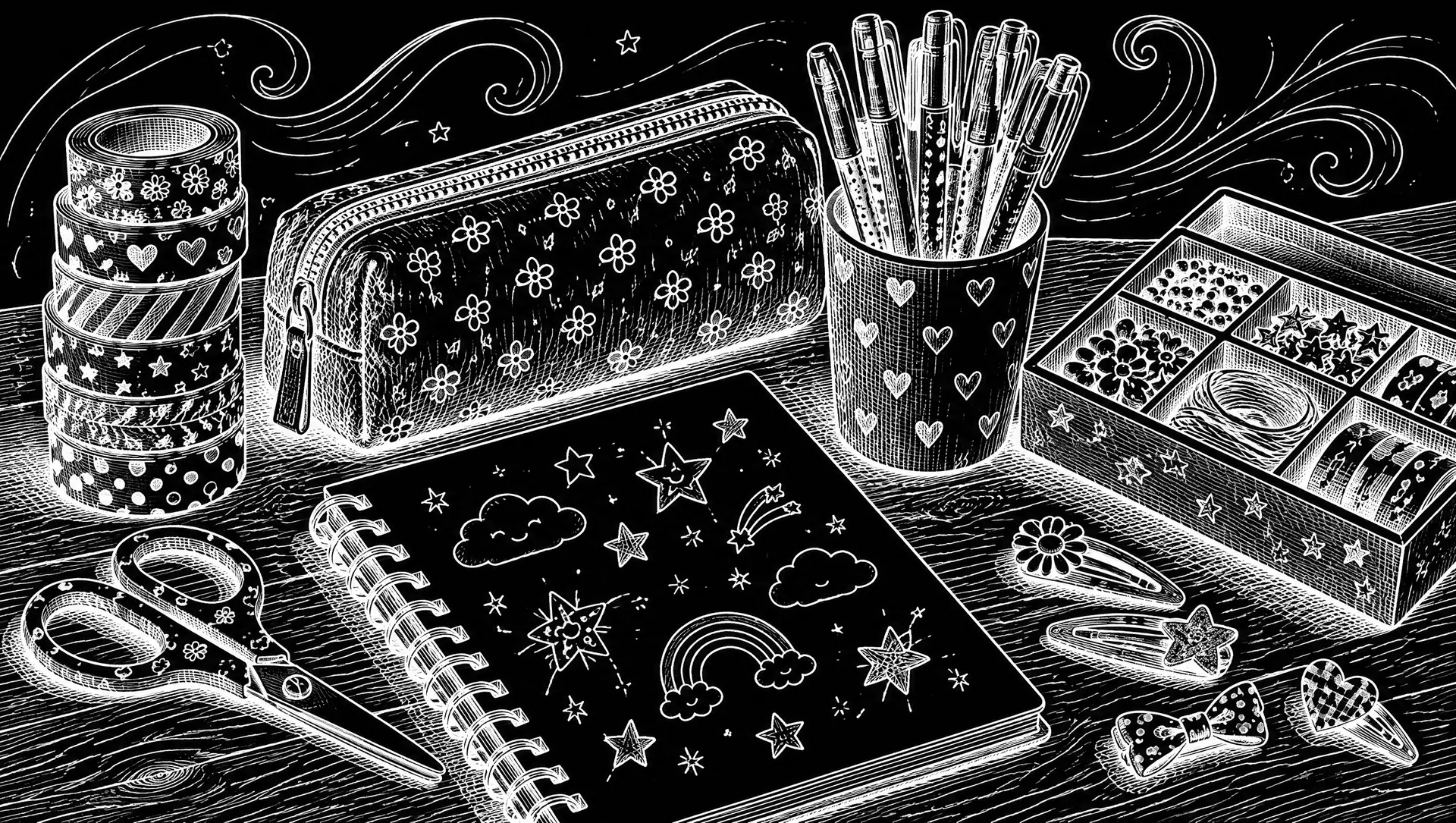 Ink engraving of washi tape, gel pens and a pencil pouch on a desk
