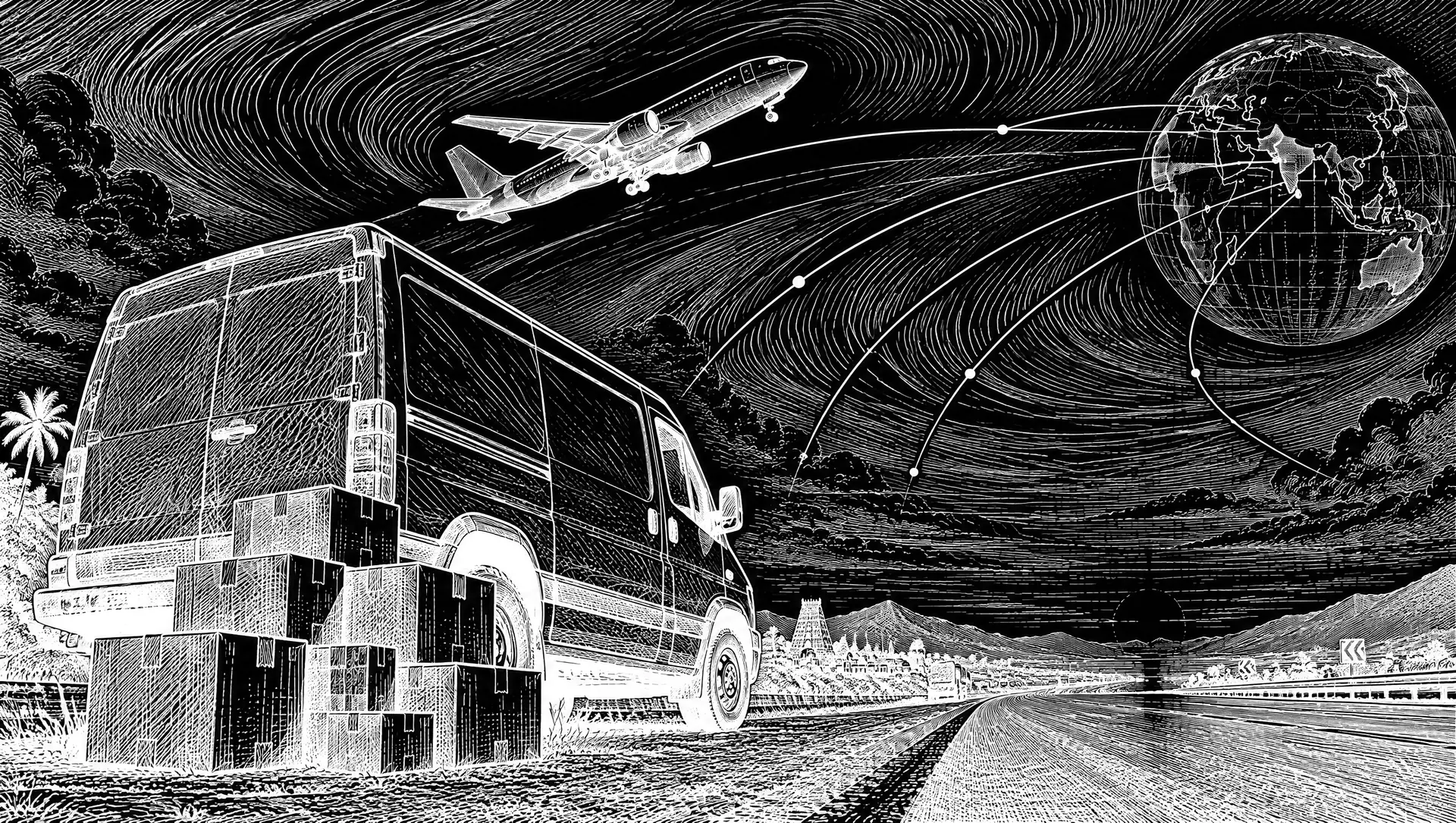 Ink engraving of a courier van with parcels on a highway