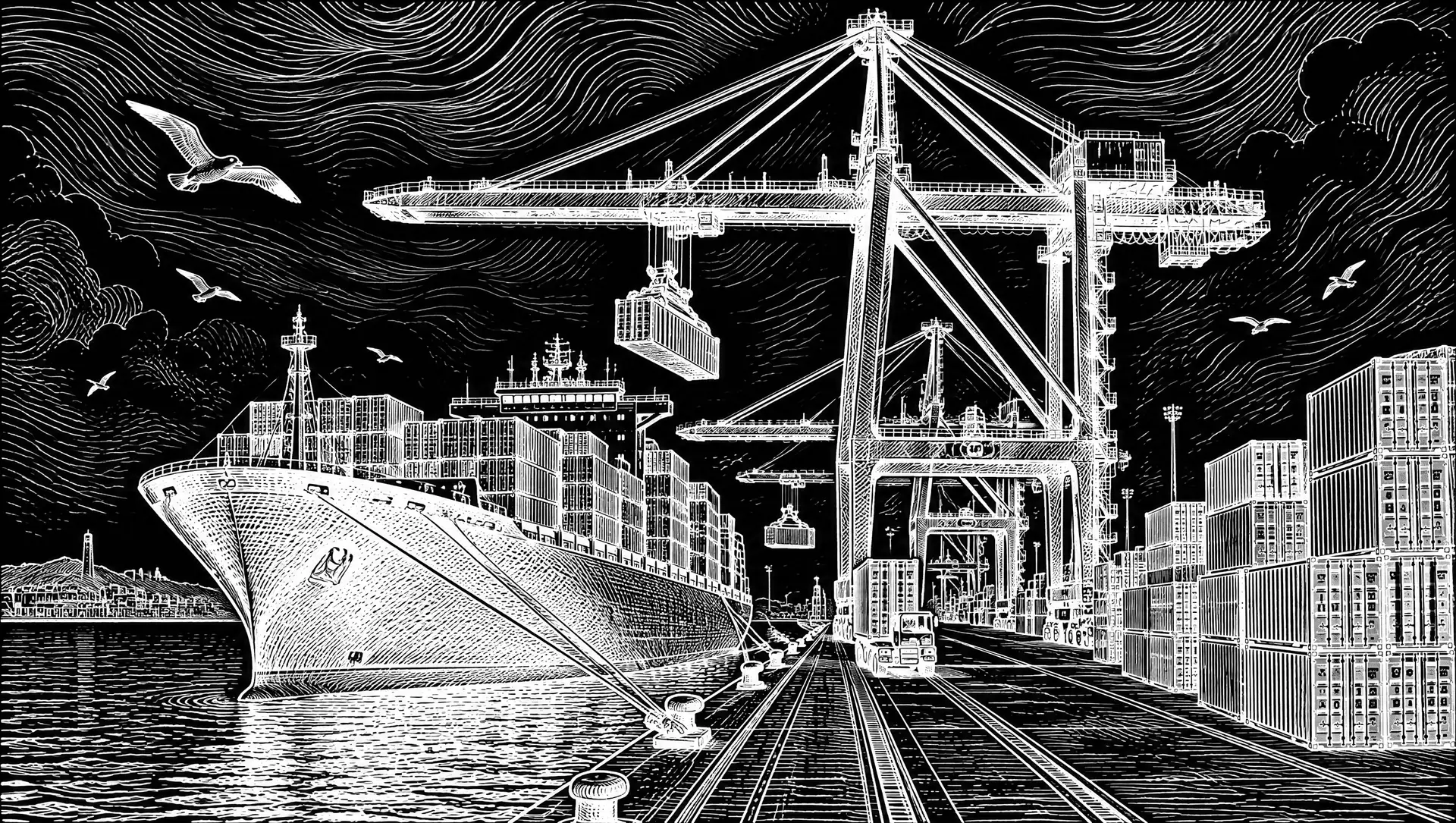 Ink engraving of a container ship at a port with cranes